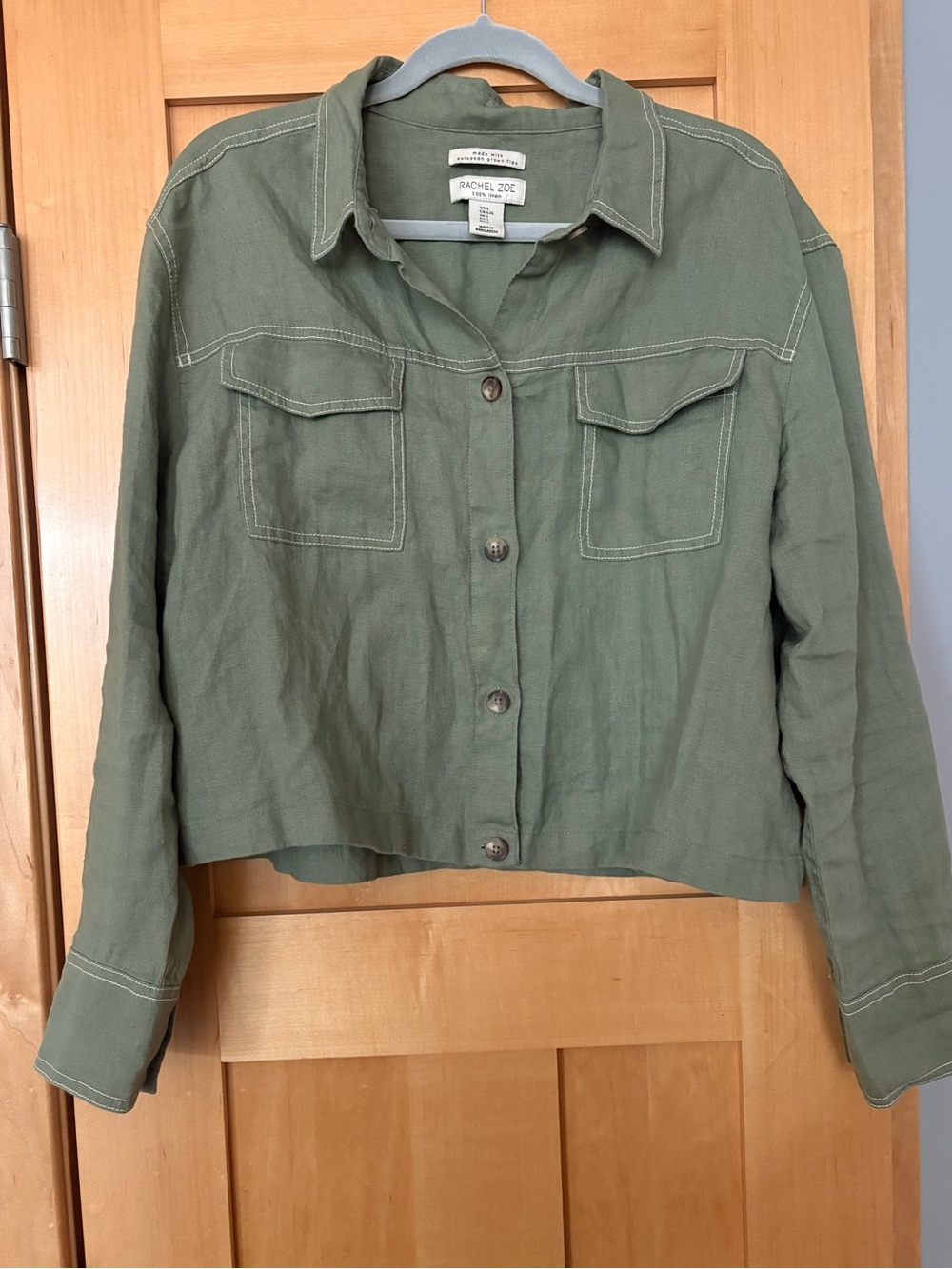Rachel Zoe 100% Linen Olive Green Utility Shacket Large - Picture 2 of 10